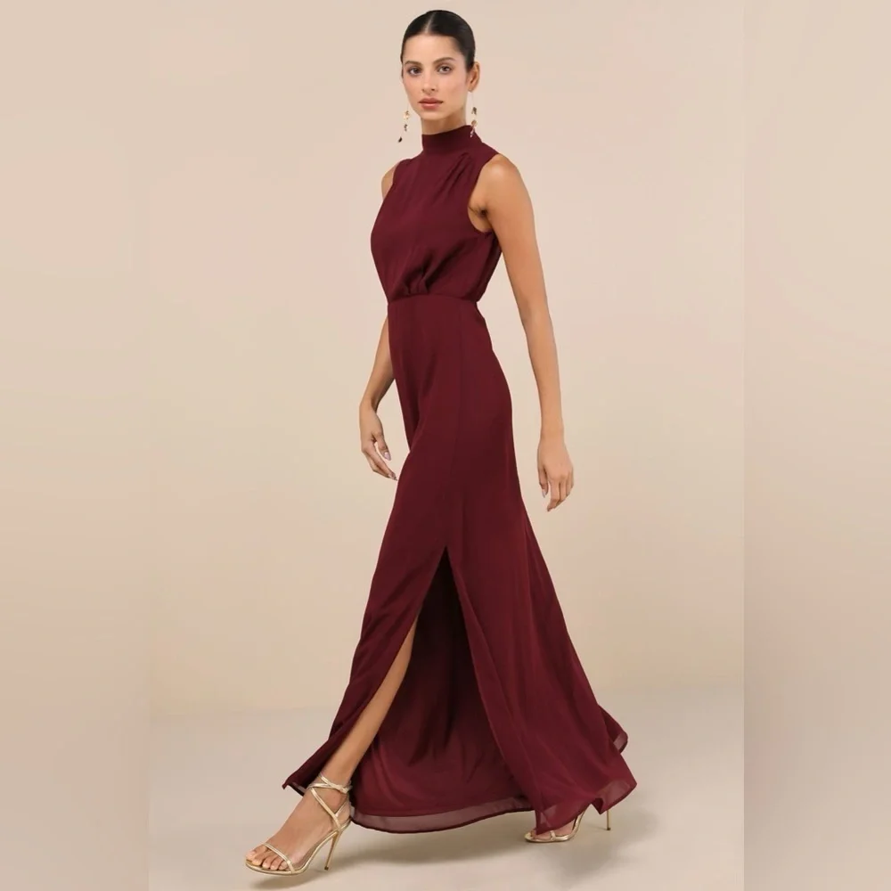 Lulus Classic Elegance Plum Chiffon Sleeveless Mock Neck Maxi Dress